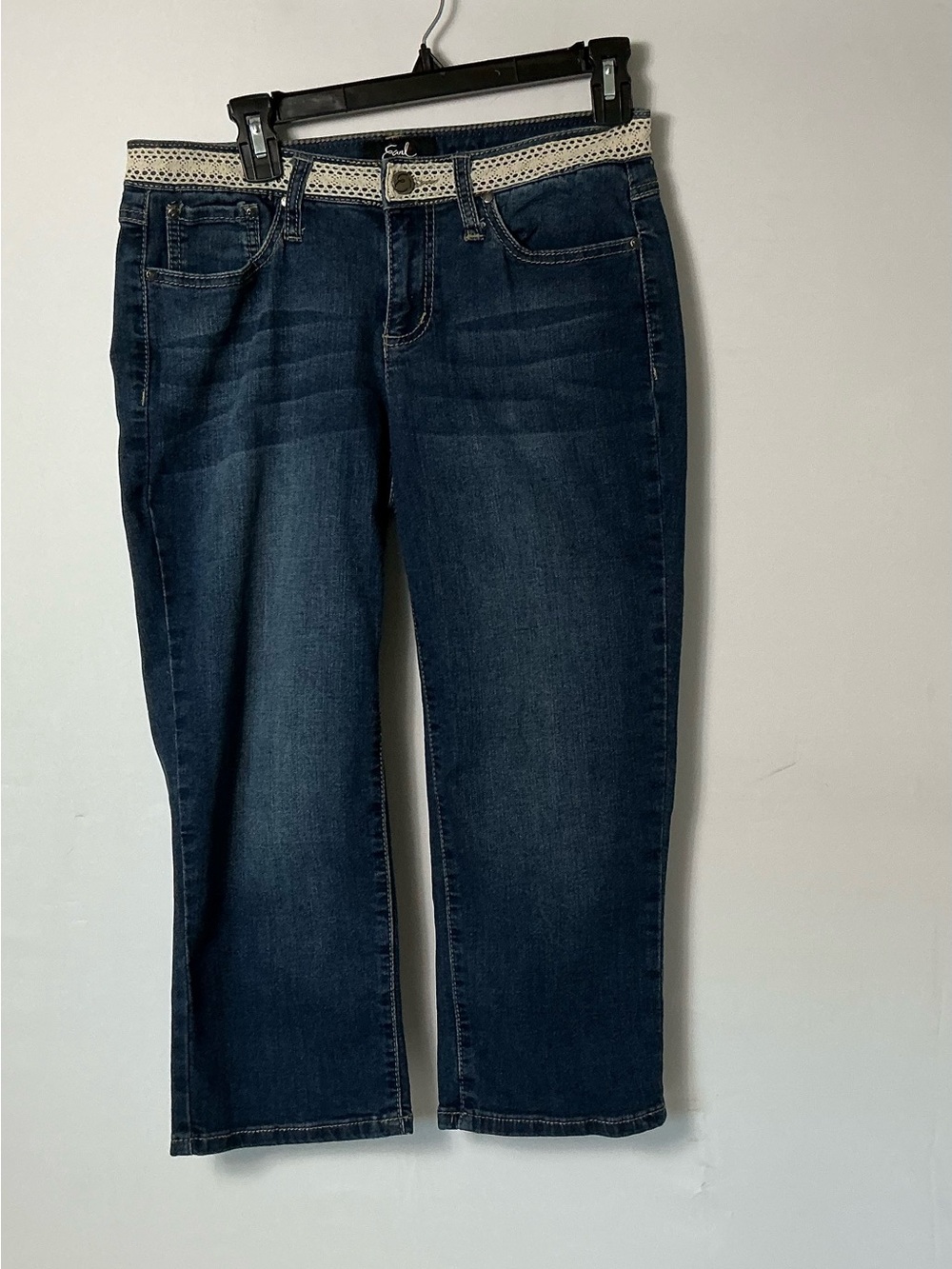 Women’s Straight Leg Dark Blue Jeans with White Patterned Waistband